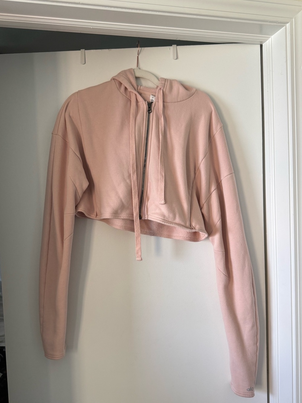 Alo Cropped Pink Hooded Zip Sweatshirt